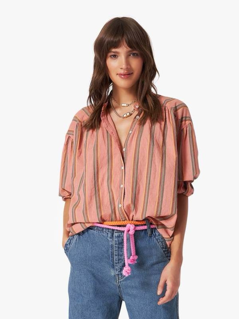 Xirena Striped Button-Front Blouse in Coral Pink